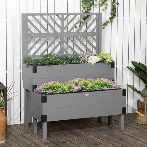 2 Tier Self Draining Grey Wood Raised Garden Bed Planter Box with Trellis