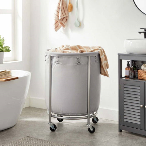 Round 45-Gallon Laundry Basket Hamper with Grey Fabric Bag Steel Frame on Wheels