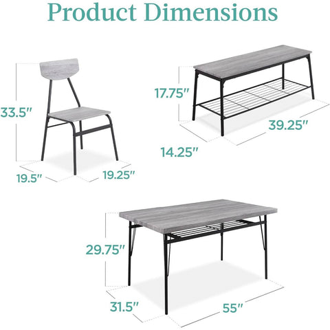 Modern 6-Piece Dining Set with Grey Wood Top Table 4 Chairs and Storage Bench