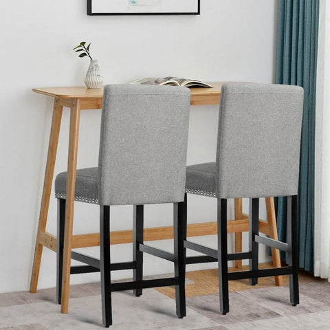 Set of 2 Modern Kitchen Dining Barstools w/ Black Wood Legs and Grey Linen Seat