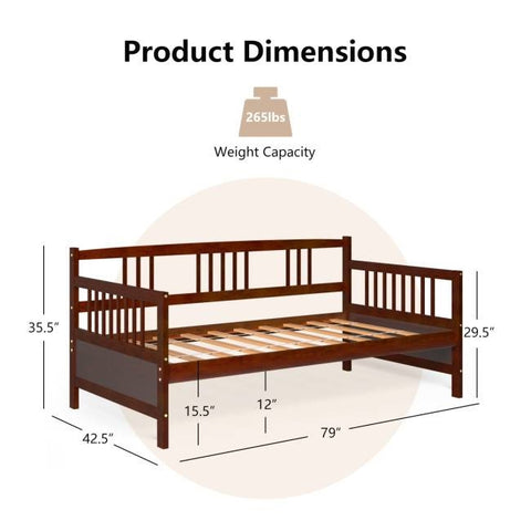 Twin size 2-in-1 Wood Daybed Frame Sofa Bed in Brown Cherry Finish