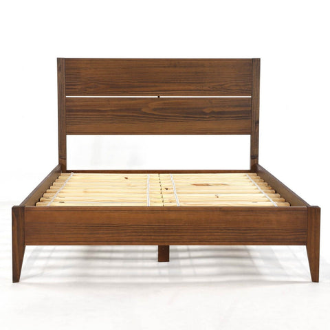 Queen Size Rustic Walnut Mid Century Slatted Platform Bed