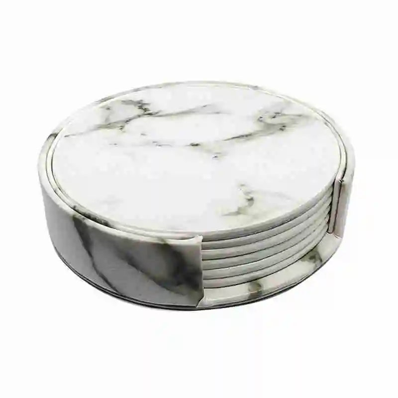 Elegant Marble Coasters Set - 6-Piece Leather Mats