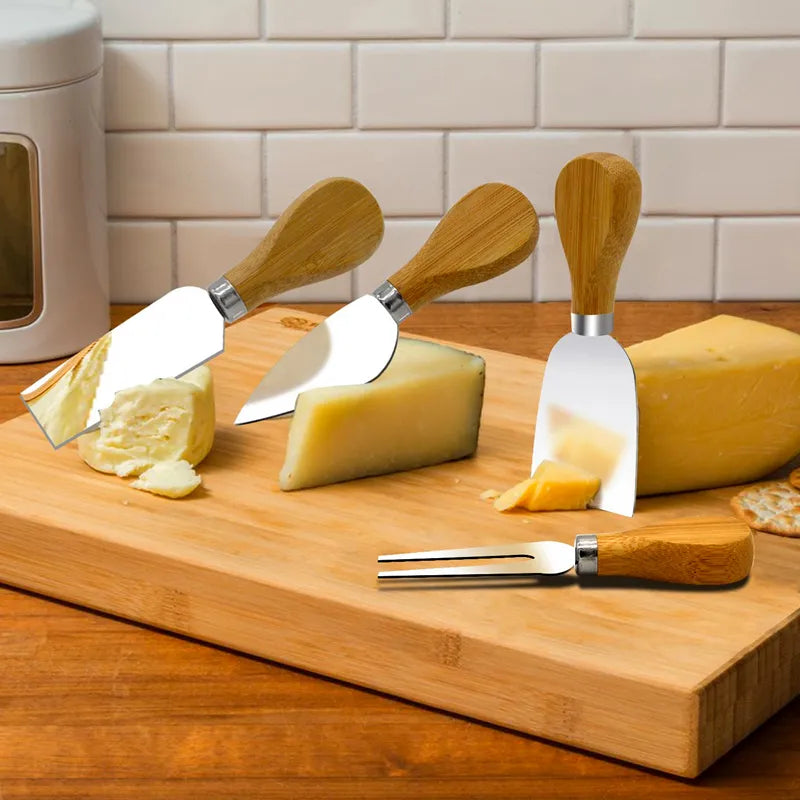 4-Piece Oak & Bamboo Wood Handle Cheese Knife Set