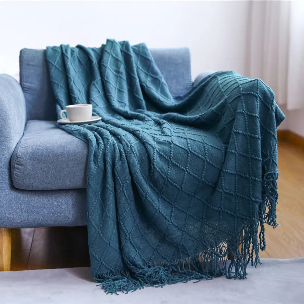 Nordic Knitted Waffle Blanket - Solid Color Sofa Bed Throw