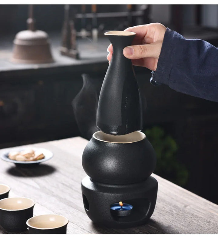 Sake Set with Warmer: 1 Sake Bottle, 4 Cups, Heating Stove