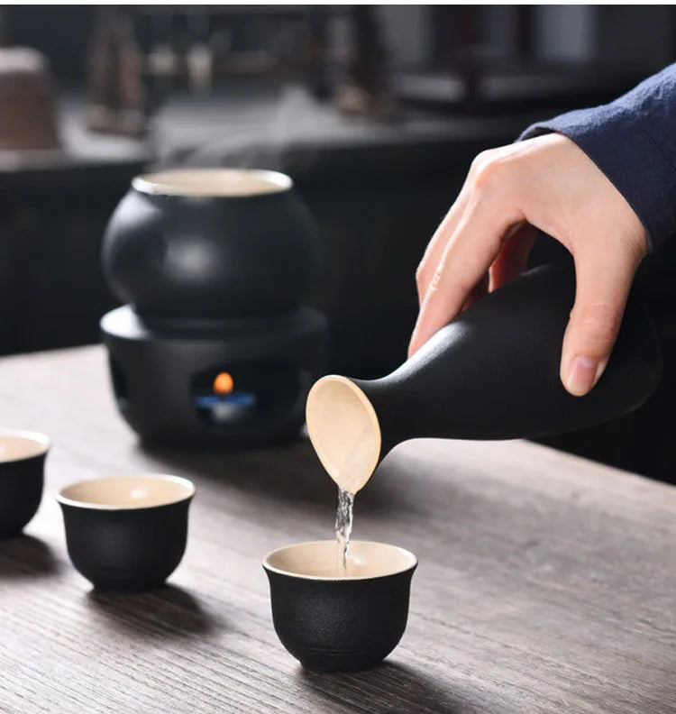 Sake Set with Warmer: 1 Sake Bottle, 4 Cups, Heating Stove