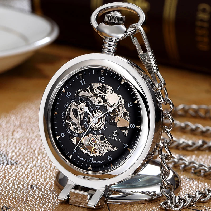 Stainless Steel Pocket Watch for Men, Silver Hand-Wind Watch