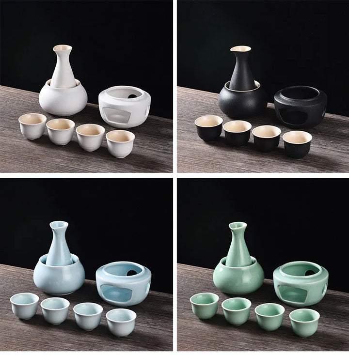 Sake Set with Warmer: 1 Sake Bottle, 4 Cups, Heating Stove