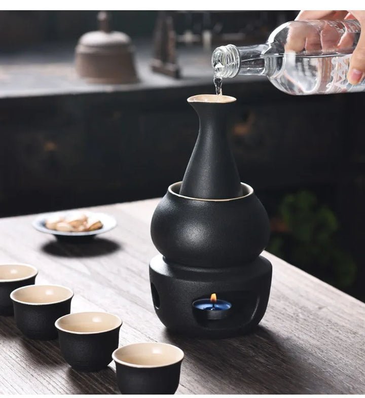 Sake Set with Warmer: 1 Sake Bottle, 4 Cups, Heating Stove