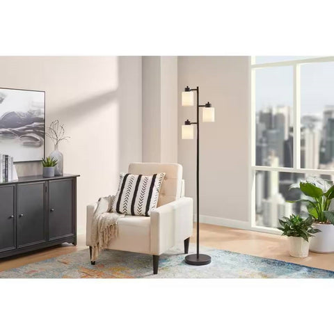 Modern 3-Light Floor Lamp in Black Metal Finish with White Plastic Shades