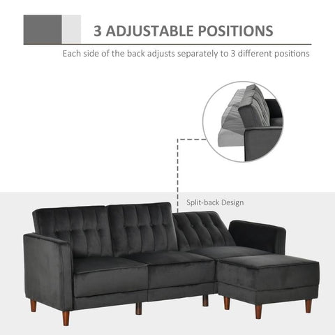 Modern Mid-Century Reversible L-Shaped Sectional Sleeper Sofa in Black Velvet