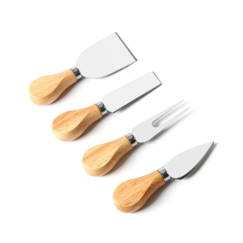 4-Piece Oak & Bamboo Wood Handle Cheese Knife Set