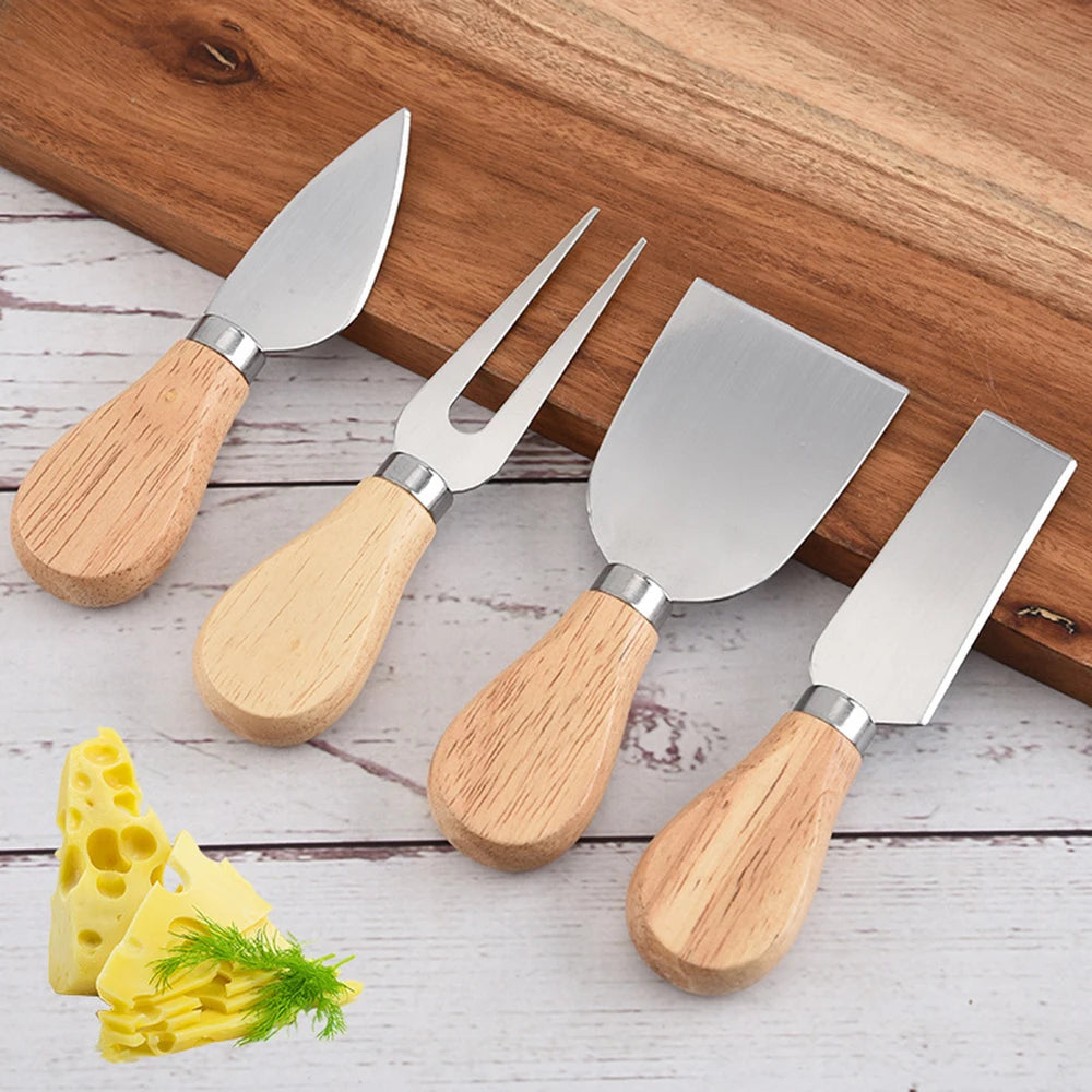 4-Piece Oak & Bamboo Wood Handle Cheese Knife Set