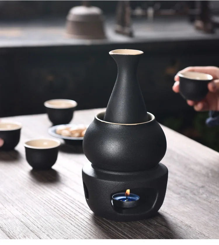 Sake Set with Warmer: 1 Sake Bottle, 4 Cups, Heating Stove