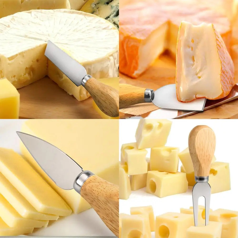 4-Piece Oak & Bamboo Wood Handle Cheese Knife Set