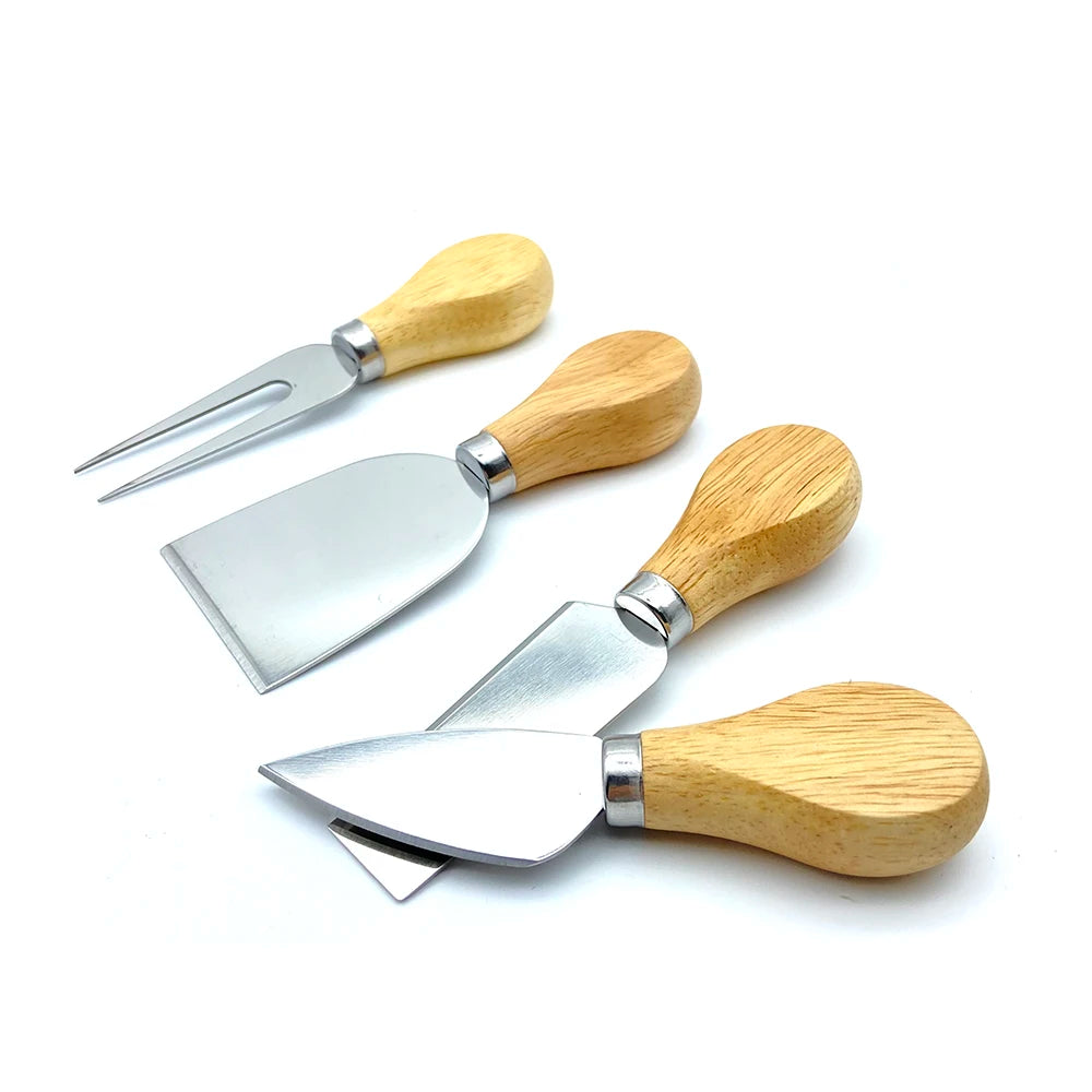 4-Piece Oak & Bamboo Wood Handle Cheese Knife Set