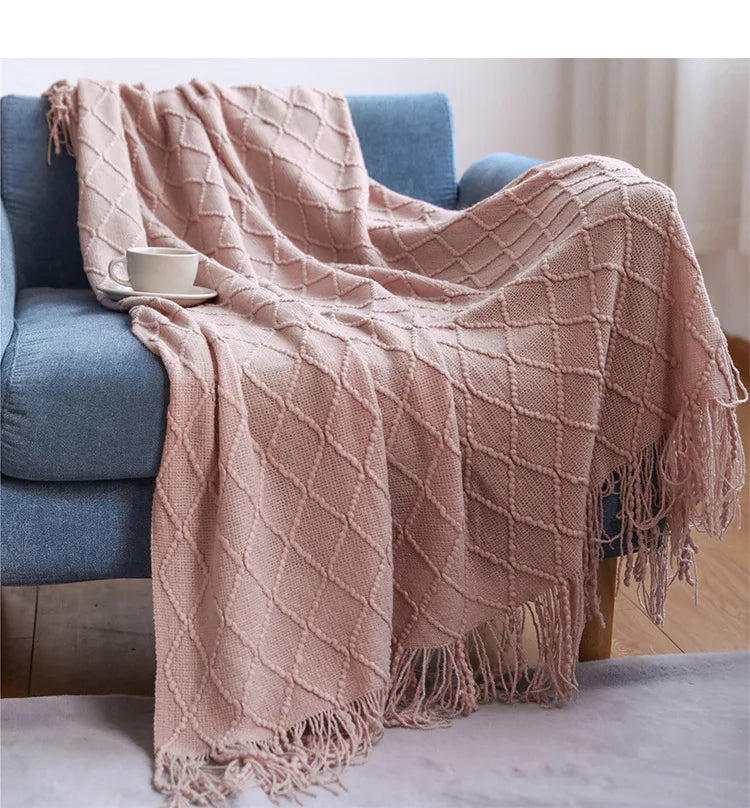 Nordic Knitted Waffle Blanket - Solid Color Sofa Bed Throw