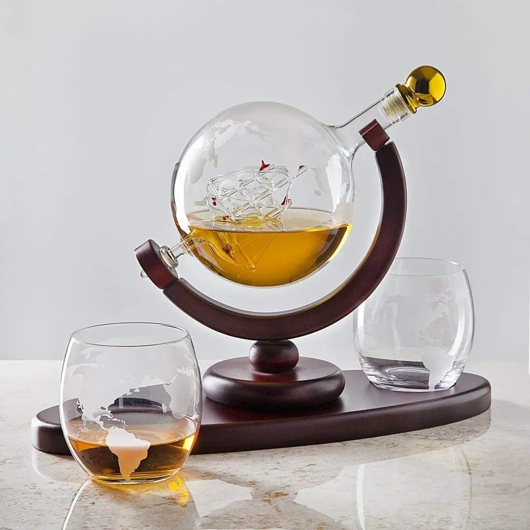 Globe Decanter Set: Lead-free Carafe with 2 Whiskey Glasses