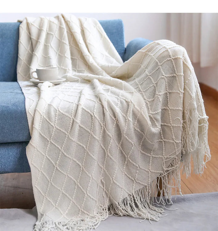 Nordic Knitted Waffle Blanket - Solid Color Sofa Bed Throw