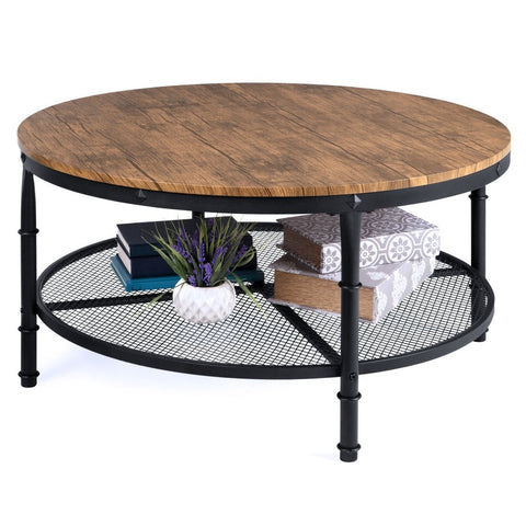 FarmHome Industrial Wood Steel Coffee Table 2-Tier Round with Storage Shelves