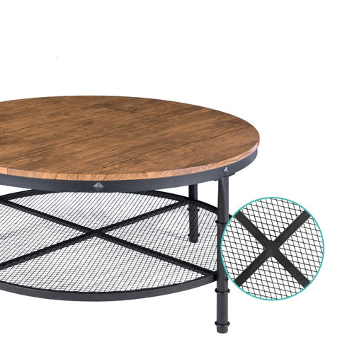 FarmHome Industrial Wood Steel Coffee Table 2-Tier Round with Storage Shelves