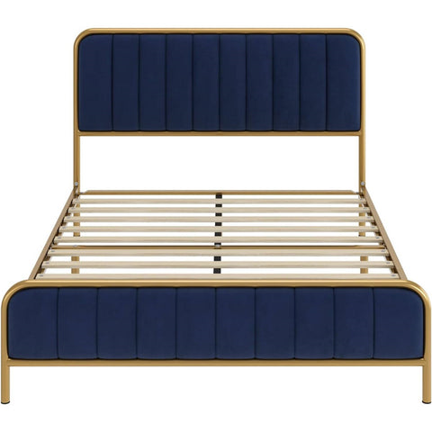 King Gold Metal Platform Bed Frame with Navy Blue Velvet Upholstered Headboard