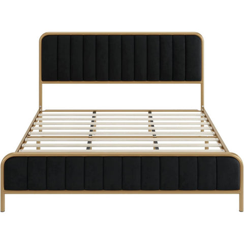 King Gold Metal Platform Bed Frame with Black Velvet Upholstered Headboard