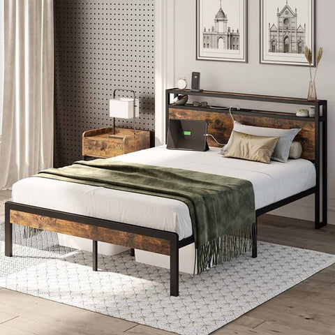 King Size Industrial Platform Bed Frame with Storage Headboard and Power Outlets