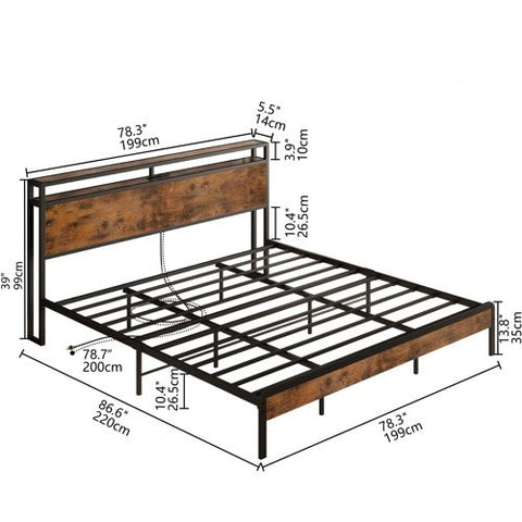 King Size Industrial Platform Bed Frame with Storage Headboard and Power Outlets