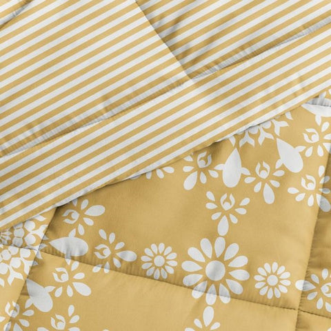 King Size 3 Piece Yellow Reversible Daisy Medallion Stripped Comforter Set