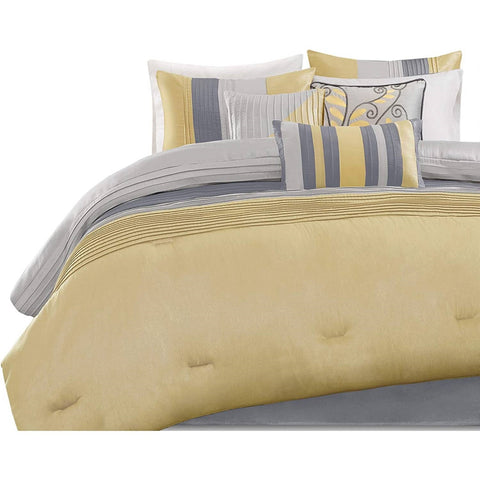 King Size 7 Piece Bed In A Bag Comforter Set Faux Silk Yellow Gray Stripes