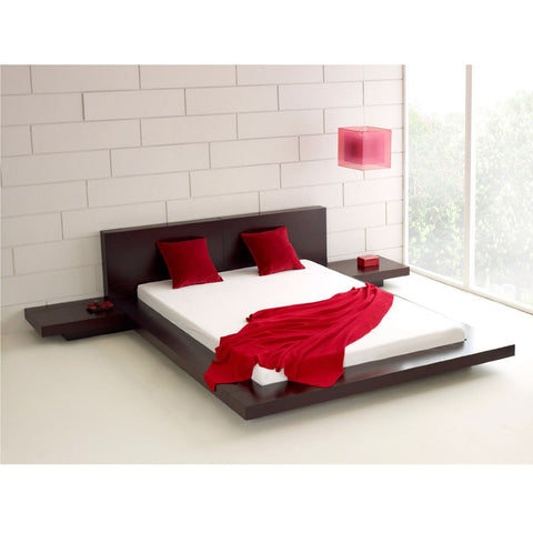 King Modern Japanese Style Platform Bed with Headboard and 2 Nightstands in Espresso