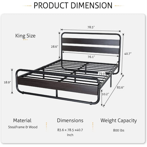 King Heavy Duty Round Metal Frame Platform Bed with Black Wood Panel Headboard