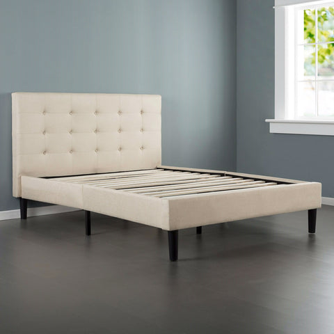 King size Upholstered Platform Bed Frame with Button Tufted Headboard in Taupe