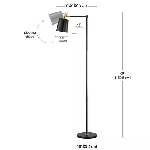 60-inch Industrial Modern Black Metal Floor Lamp with Gold Accents