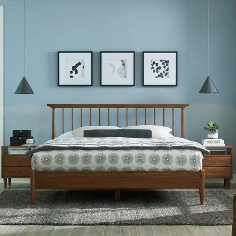 King Size Hardwood Mid Century Platform Bed Frame with Headboard in Walnut