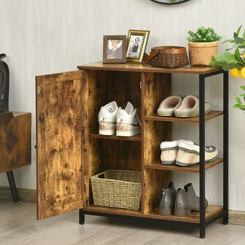 Modern Industrial Black Metal Brown Wood Sideboard Buffet Storage Shelf Cabinet