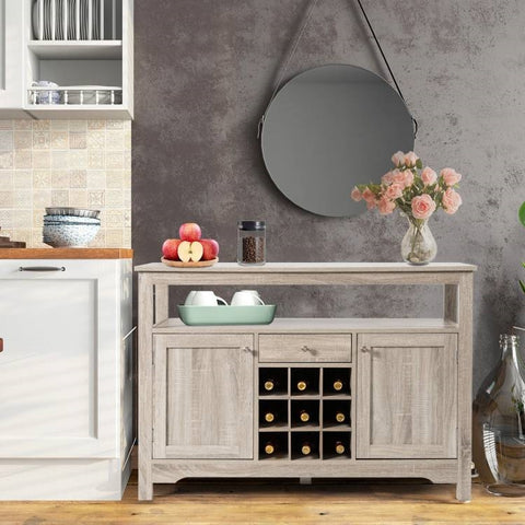 Grey Wood Sideboard Buffet Server Cabinet with Wine Rack and Storage Shelf