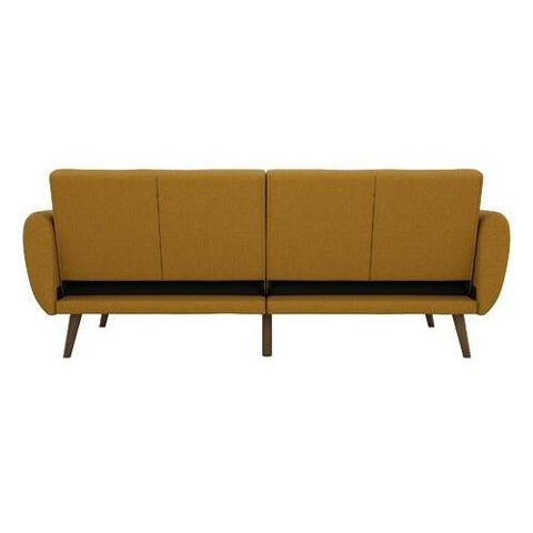 Mustard Linen Upholstered Futon Sofa Bed with Mid-Century Style Wooden Legs