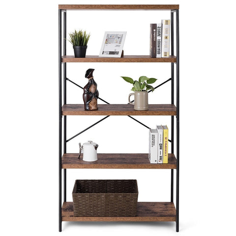 Industrial Metal Wood 5-Tier Bookcase Storage Rack Book Shelf