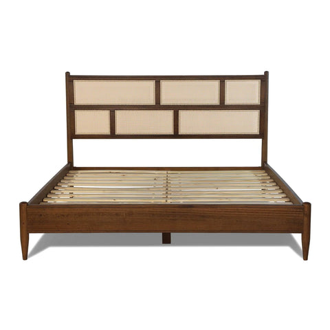 Queen Size Hardwood Platform Bed Frame with Cane Paneling Headboard in Walnut