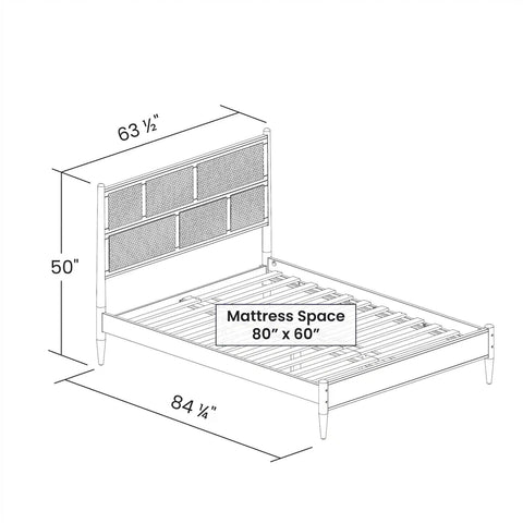 Queen Size Hardwood Platform Bed Frame with Cane Paneling Headboard in Walnut