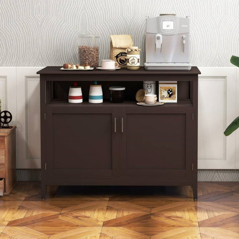 Dark Brown Wood 2-Door Dining Buffet Sideboard Cabinet with Open Storage Shelf