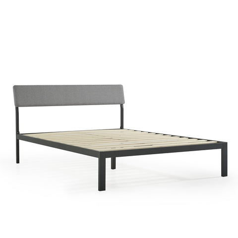 Queen Size Grey Soft Fabric Metal Headboard Platform Bed Wooden Slats