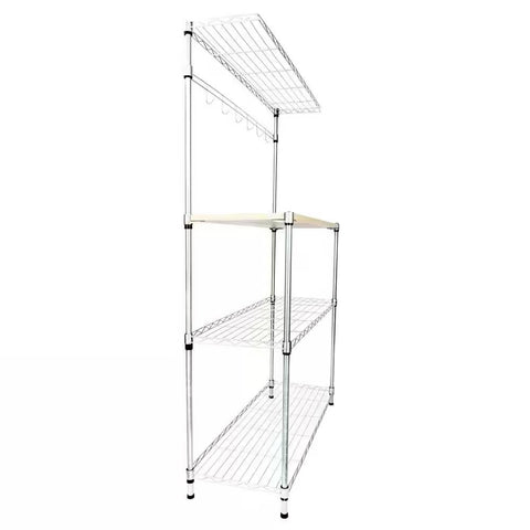 Carbon Steel Kitchen Bakers Rack with MDF Wood Shelf and Hanging Bar with Hooks