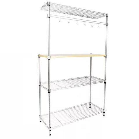 Carbon Steel Kitchen Bakers Rack with MDF Wood Shelf and Hanging Bar with Hooks