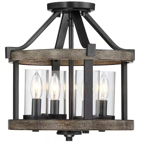 Round 4-Light 12.5-inch Metal Wood Farmhouse Ceiling Lamp - Semi-Flush Mount