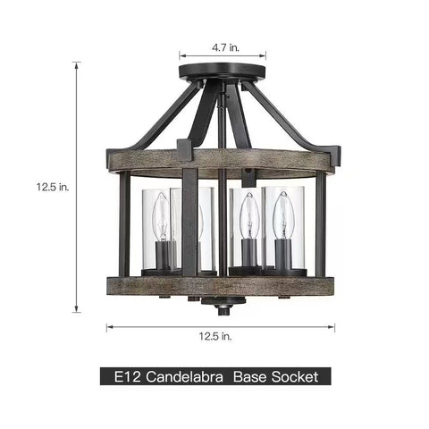 Round 4-Light 12.5-inch Metal Wood Farmhouse Ceiling Lamp - Semi-Flush Mount