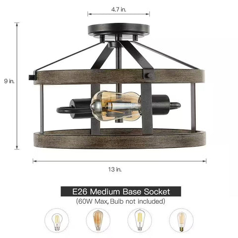 Round 13-inch Metal Wood Farmhouse 2-Light Ceiling Lamp - Semi-Flush Mount